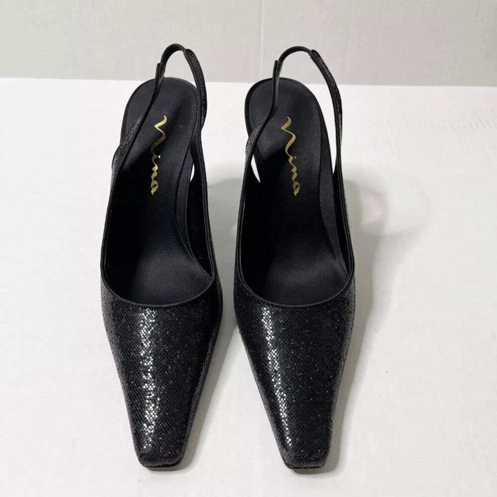 Nina Women's Taren Heels Size 8.5M Black Crystal Sling Backs Pointed Toe w/ Box - Picture 8 of 12